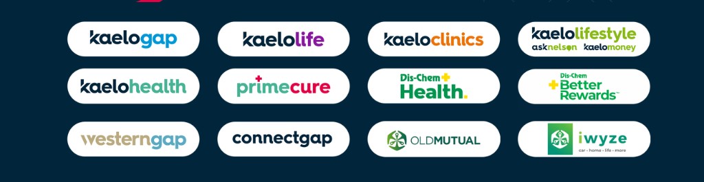 Kaelo brands and services: Kaelo Gap, Kaelo Life, Kaelo Clinics, Kaelo Lifestyle, Kaelo Health, Prime Cure, Dis-Chem Health, Dis-Chem Better Rewards, Western Gap, ConnectGap, Old Mutual and iWyze.