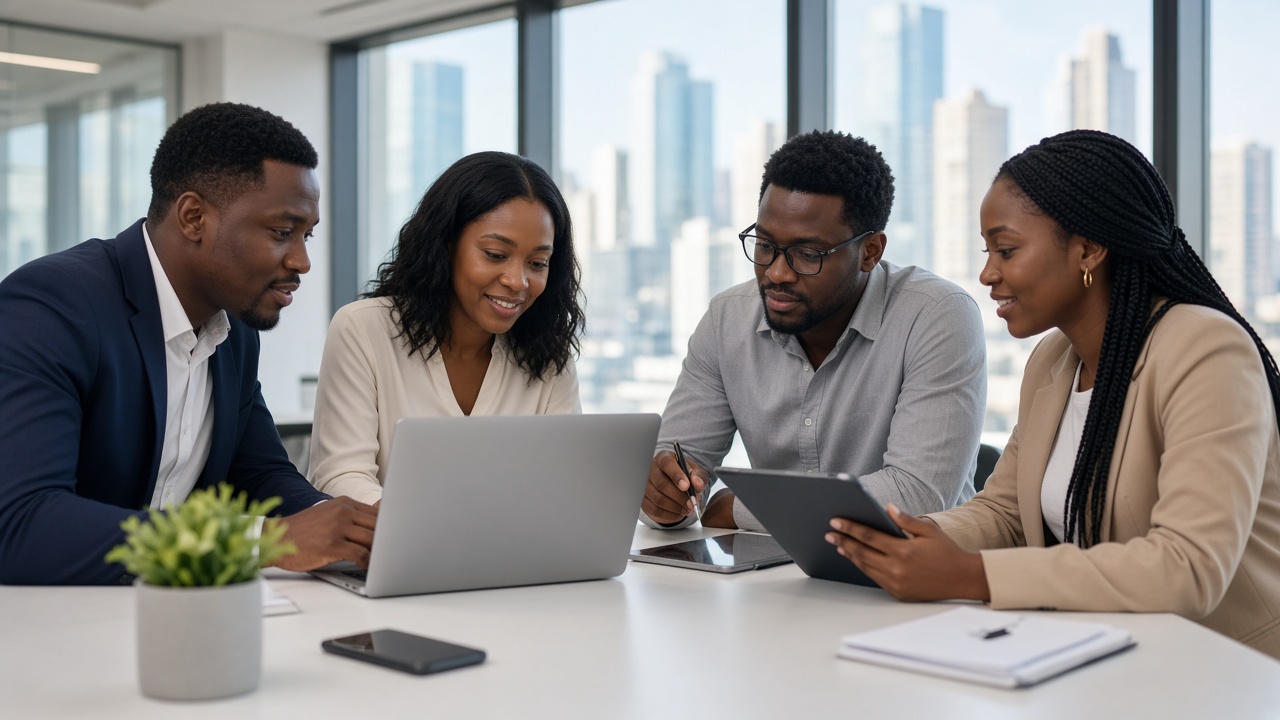 A team working together in a bright office.