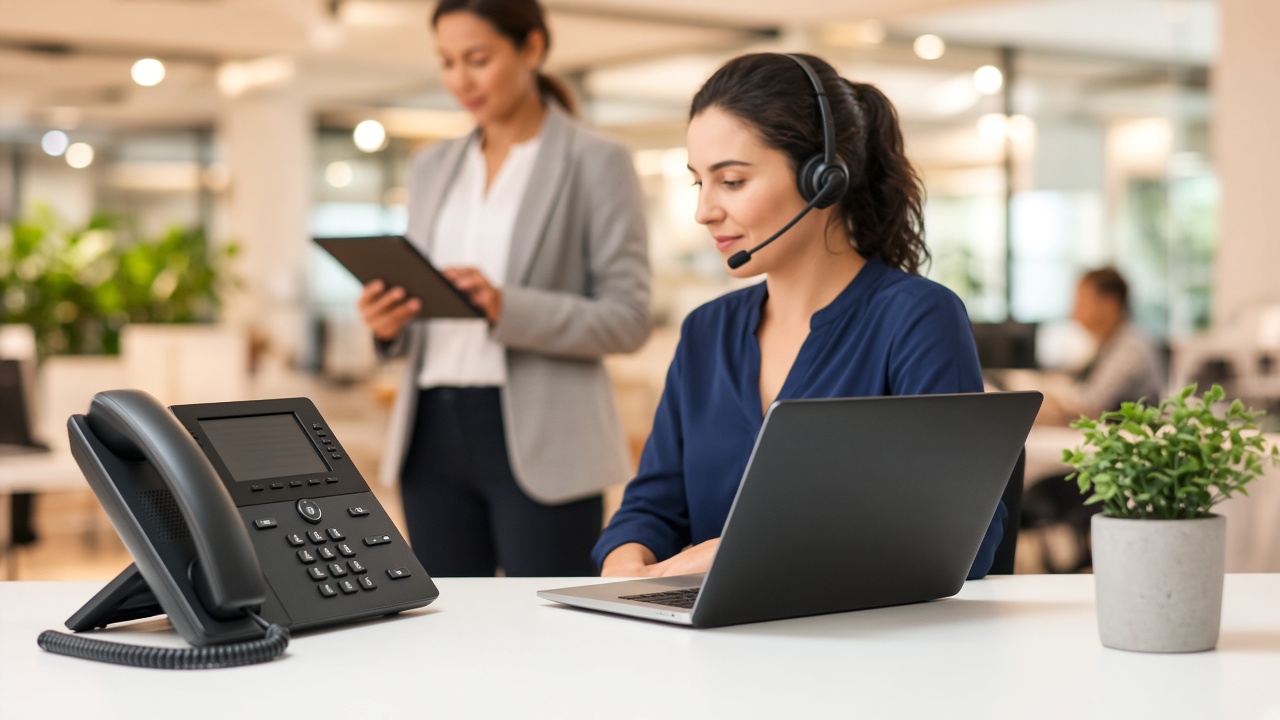 A contact-centre desk with a telephone and headsets.