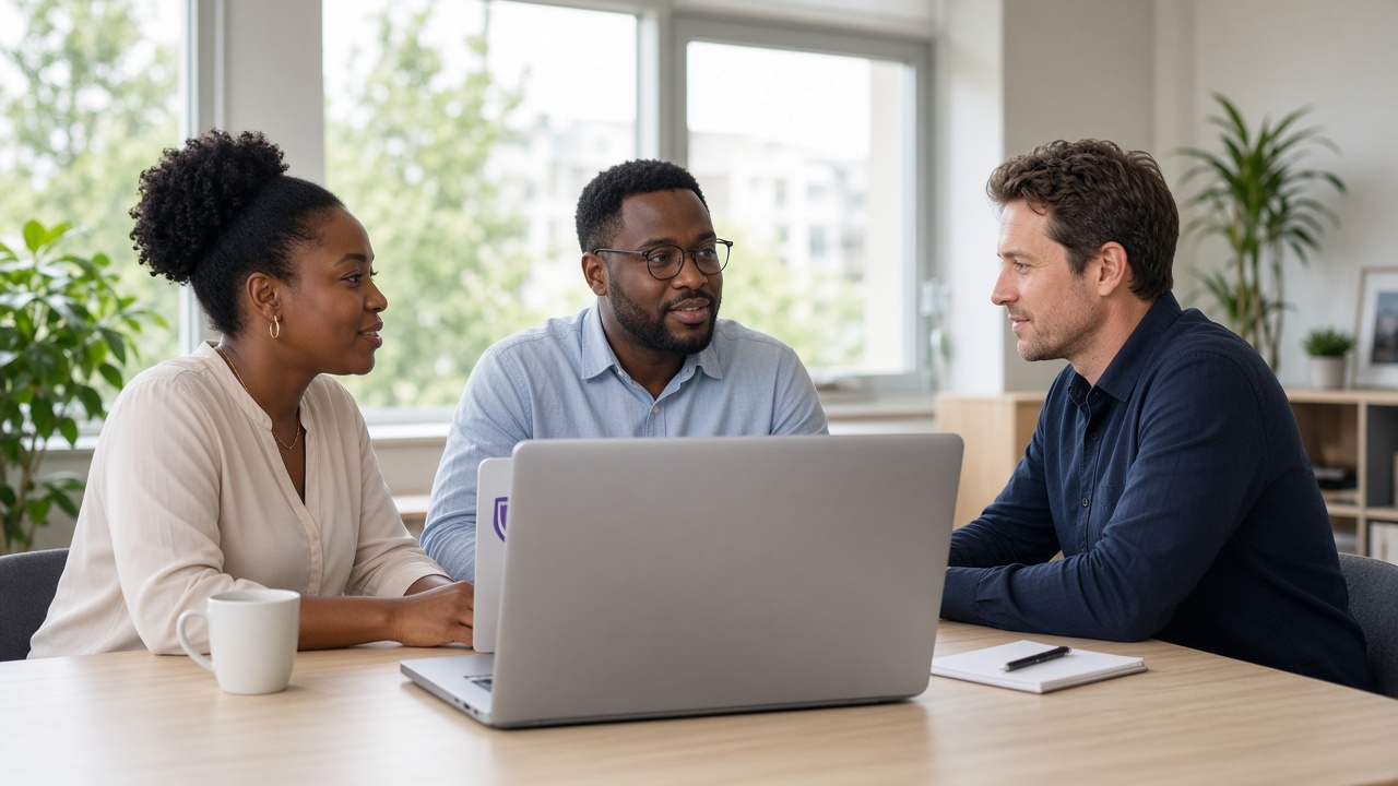 A team reviewing security on a laptop in daylight.