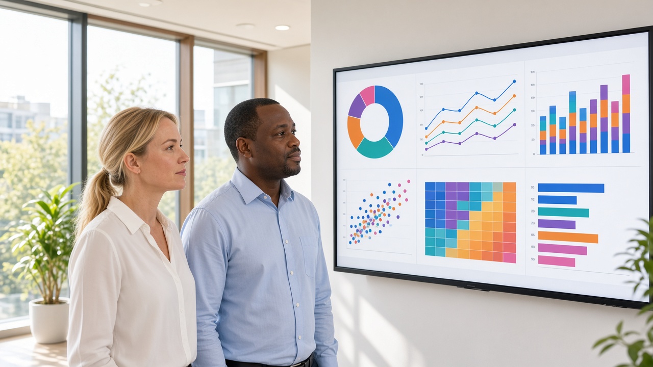 Two colleagues reviewing colourful charts in a bright office.