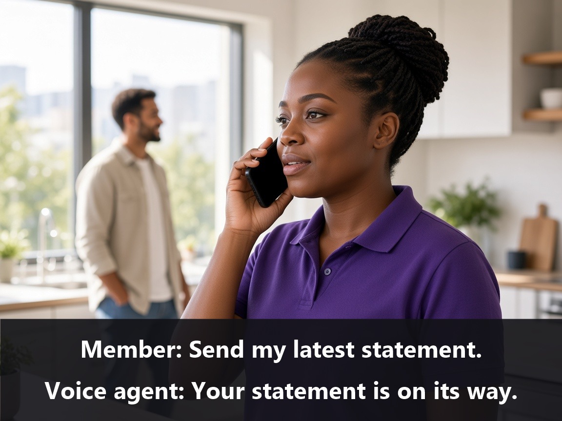 A member on a phone call in daylight, with subtitles: the member asks for the latest statement and the voice agent says it is on its way.