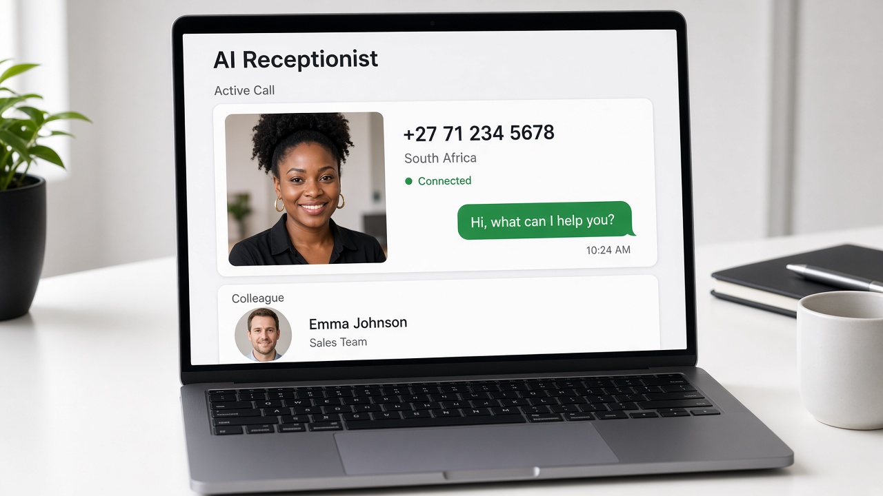 A laptop showing an AI receptionist with a caller card and a greeting.