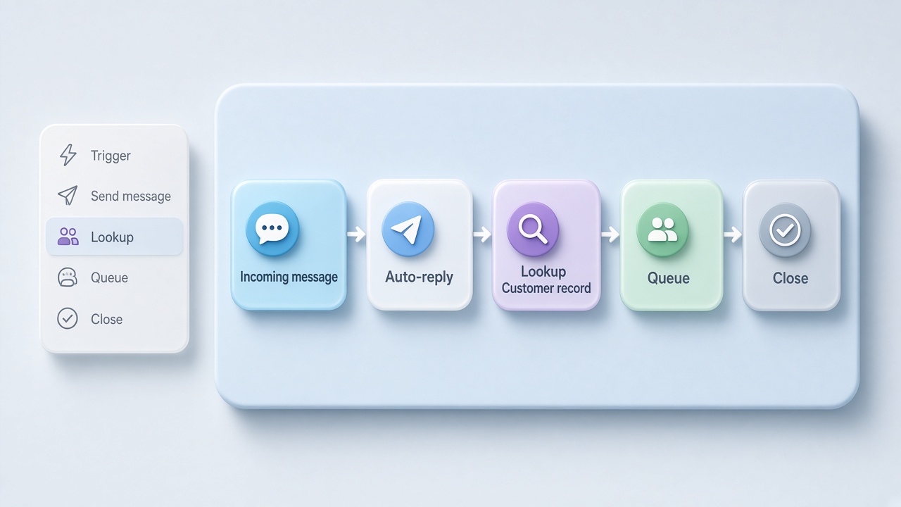 A message flow from an incoming message through an auto-reply and a lookup to a queue or close.