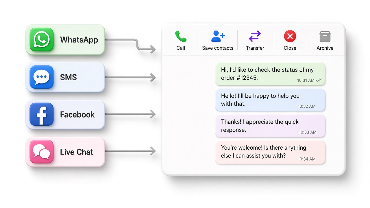WhatsApp, SMS, Facebook and live chat feeding one conversation, with call, save, transfer, close and archive.