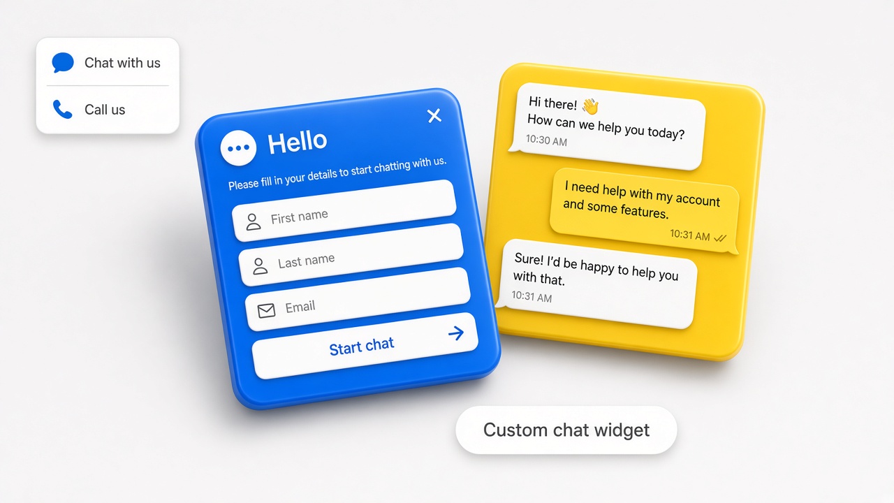 A website chat widget with a short form and a conversation card.