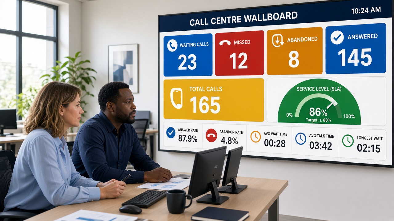 A supervisor at a laptop in front of a colourful call wallboard.