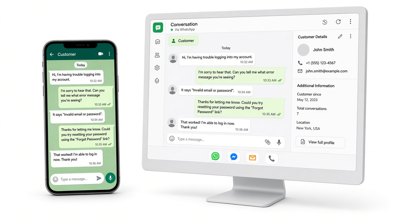 A phone message thread beside an agent desktop conversation and customer details.