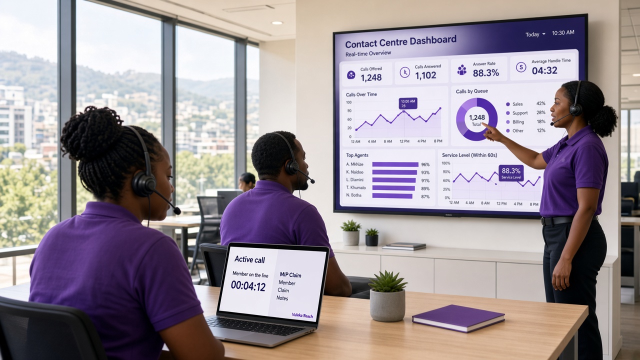 Two agents and a supervisor in a bright contact centre, with one laptop showing an active call and a MIP claim.