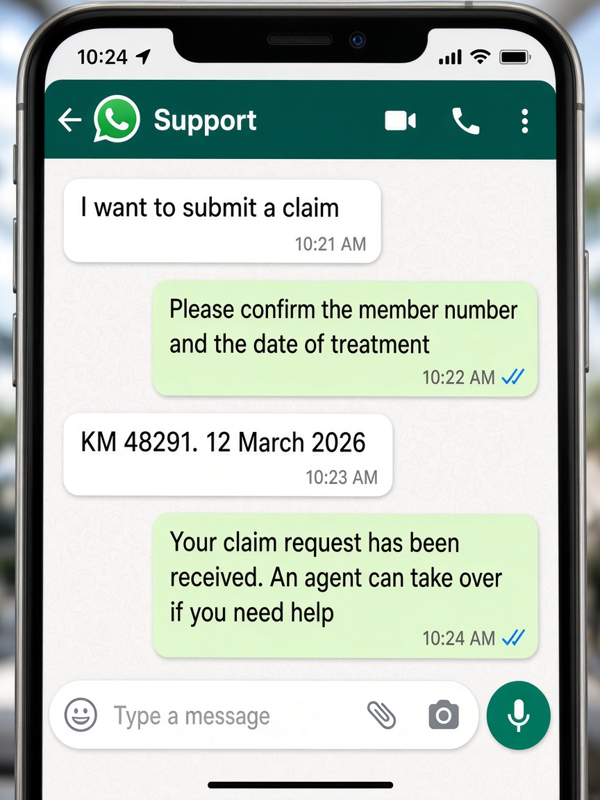 A WhatsApp conversation for a claim request, large enough to read.